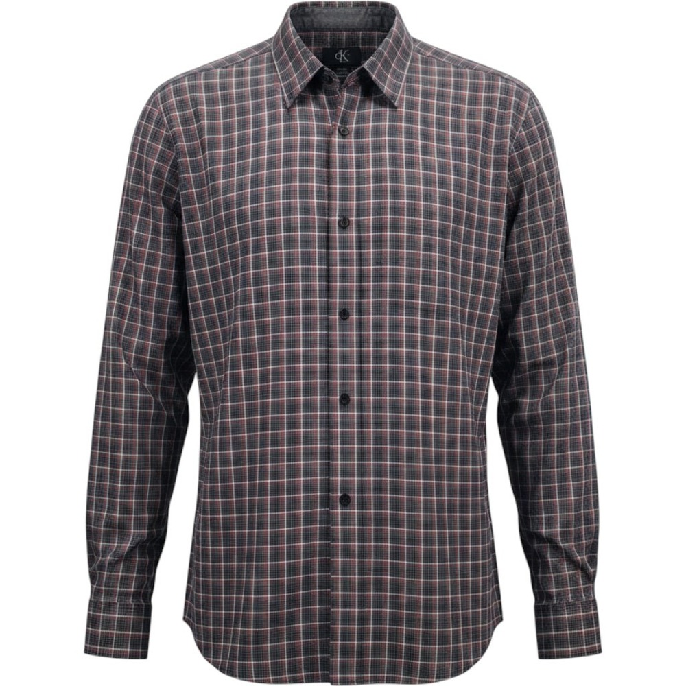 Calvin Klein Shirt Button Front 100% Cotton Large Red Black Plaid Long Sleeve